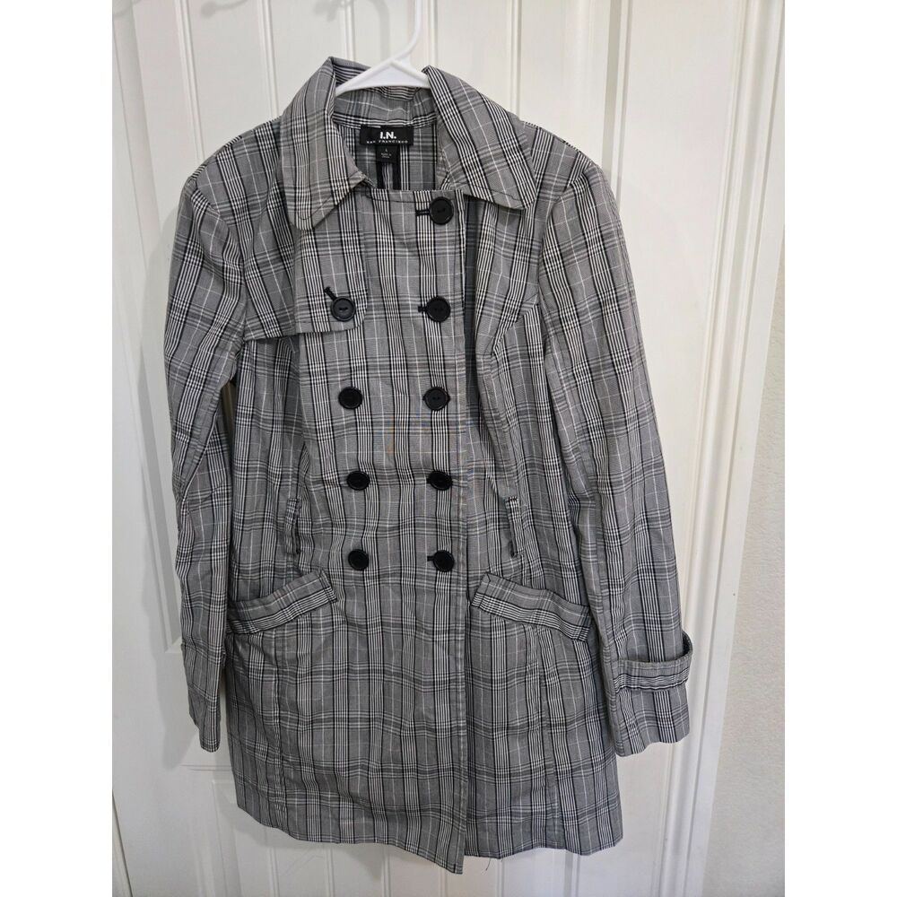 I.N. San Francisco Women’s Large Gray Plaid Double Breasted Trench Coat Jacket